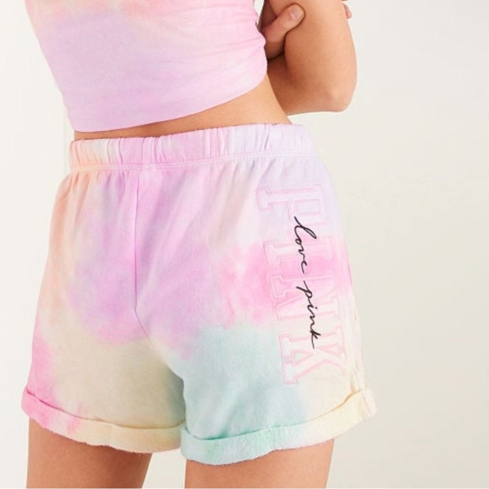 Victoria's Secret PINK Rolled Hem Sweat Shorts Tie Dye Logo Medium NEW